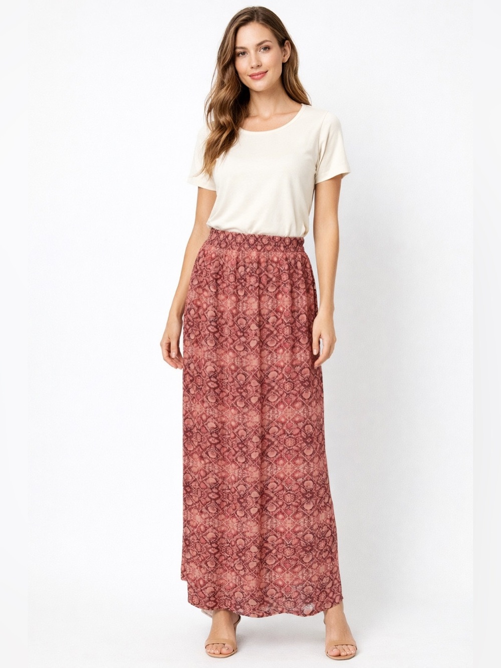 Faded Glory Womens Side Slit Maxi Skirt in Pink/Orange Abstract Print Sz XL